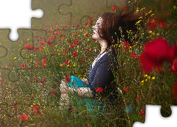 Kobieta, Kwiaty, Maki, Łąka