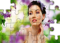 Piękna, Kobieta, Gałązki, Bzu, Rozmycie