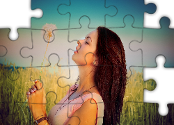 Kobieta, Pole, Zboże, Dmuchawiec