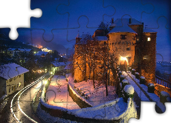 Zamek Schenna, Miasteczko Schenna, Włochy, Droga, Góry, Zima