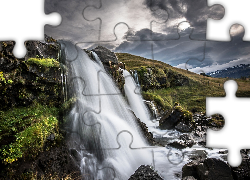 Wodospad, Skały, Chmury, Islandia