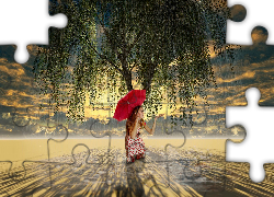 Kobieta, Czerwona, Parasolka, Drzewo, Deszcz