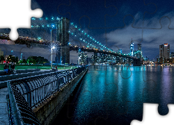 Oświetlony, Most, Wieżowce, Brooklyn, Noc, Nowy Jork
