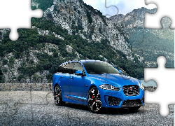 Niebieski, Samochód, Jaguar, XFR-S-Sportbrake, Góry