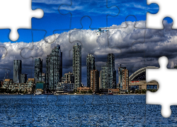 Kanada, Toronto, Drapacze Chmur, Awionetka, Jezioro, Chmury
