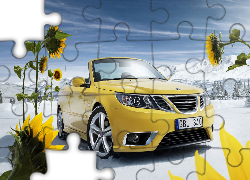 Żółty, Samochód, Saab, Słoneczniki