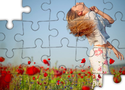 Szczęśliwa, Dziewczyna, Niebo, Kwiaty, Maki