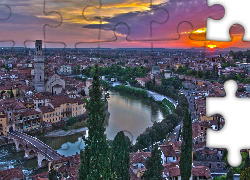 Domy, Rzeka, Zachód, Słońca, Verona, Panorama, Miasta, Włochy