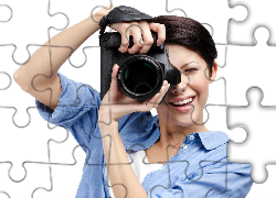 Uśmiechnięta, Dziewczyna, Aparat, Fotograficzny