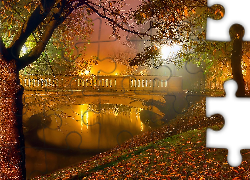 Jesień, Park, Mgła, Rzeczka, Most, Mostek, Drzewa, Liście