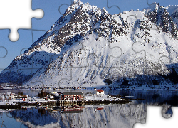 Lofoty, Góry, Kościół, Domy, Norwegia, Zima