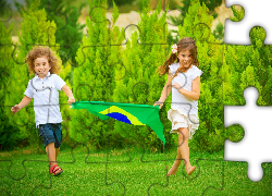 Dzieci, Flaga, Brazylijska, Łąka, Drzewa, Mistrzostwa, Świata, 2014
