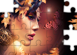 Makijaż, Motyle, Liście, Kobieta