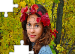 Kobieta, Wianek, Czerwone, Liście