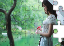 Zamyślona, Dziewczyna, Parasol, Rzeka, Park