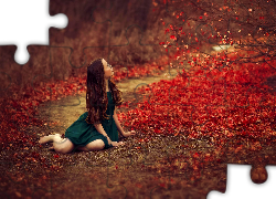 Las, Liście, Dróżka, Kobieta