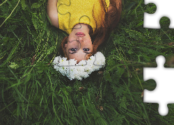 Łąka, Trawa, Kobieta, Kwiaty