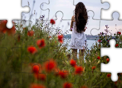 Brunetka, Kwiaty, Maki, Jezioro