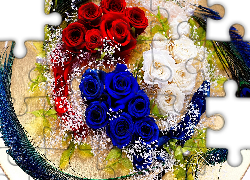 Kwiaty, Róże, Czerwone, Niebieskie, Białe