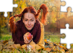 Kobieta, Rude, Włosy, Warkocze, Jesień, Liście, Jabłko
