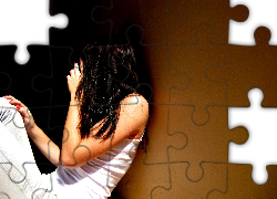 Dziewczyna, Biała, Bluzka, Czarne, Włosy