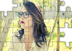 Kobieta, Brunetka, Makijaż, Kolczyk, Okulary