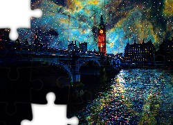 Grafika, Londyn, Most, Big Ben, Rzeka