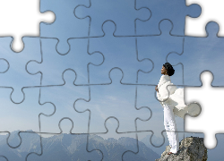 Góry, Szczyt, Kobieta, Biały, Strój, Ponczo, Wiatr