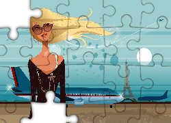 Grafika, Blondynka, Moda, Styl, Okulary, Lotnisko, Samolot