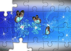 Motyle, Niebieskie Kwiaty, Grafika