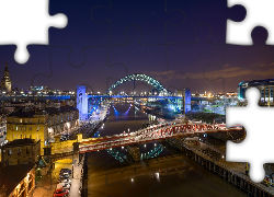 Mosty, Rzeka, Tyne, Wielka Brytania, Miasto nocą