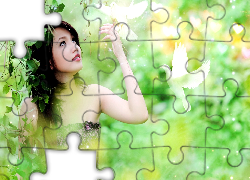 Kobieta, Makijaż, Ptaki, Gałązka