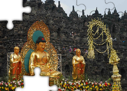 Indonezja, Borobudur, Posągi, Ludzie, Kwiaty Pałac