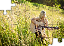 Pole, Zboże, Blondynka, Kobieta, Gitara