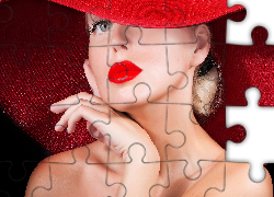 Kobieta, Makijaż, Czerwony, Kapelusz