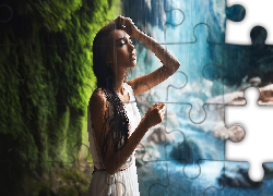 Brunetka, Wodospad, Krople, Wody