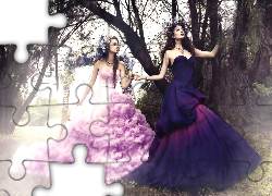 Las, Dwie, Kobiety, Suknie, Wianki