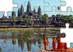 Kambodża, Angkor Wat, Mnisi, Staw