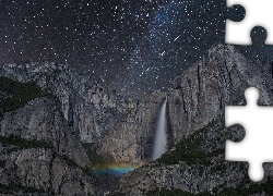 Wodospad, Noc, Góry, Gwiazdy