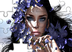 Kobieta, Niebieskie kwiaty, Portret, Grafika