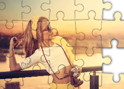 Rzeka, Kobieta, Okulary, Aparat, Fotograficzny