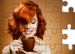 Rudowłosa, Kobieta, Twarz, Makijaż, Filiżanka