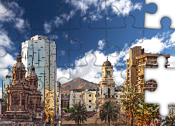 Miasto, Santiago, Chile, Budynki, Niebo, Góry