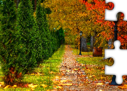 Jesień, Park, Ścieżka, Latarnie