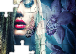 Kobieta, Twarz, Makijaż, Kwiatki, Motyl