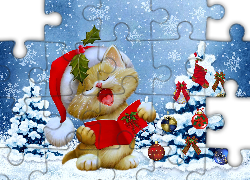 Kotek, Mikołaj, Choinka, Boże Narodzenie, 2D