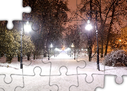 Park, Śnieg, Latarnie