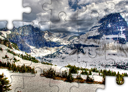 Góry, Śnieg, Chmury, Drzewa