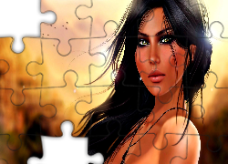 Grafika, Brunetka, Kolczyki, Naszyjnik, Zielone, Oczy