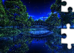 Most, Drzewa, Rzeczka, Noc